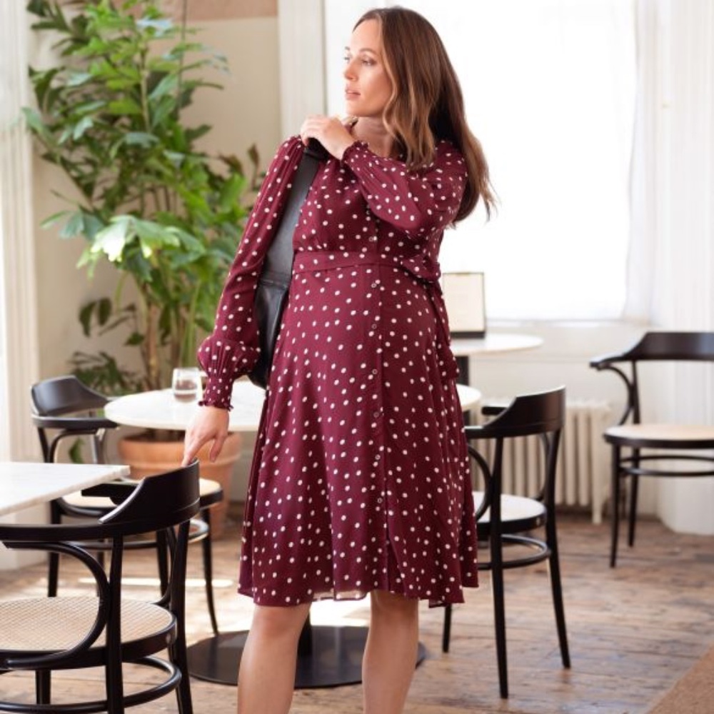 Seraphine Maternity & Nursing Dress Womens Size 6 Burgundy Polka Dot Long Sleeve